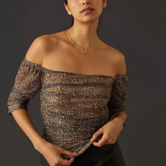 NWT Anthropologie Shirred Mesh Off Shoulder Top Animal Print - Picture 1 of 7